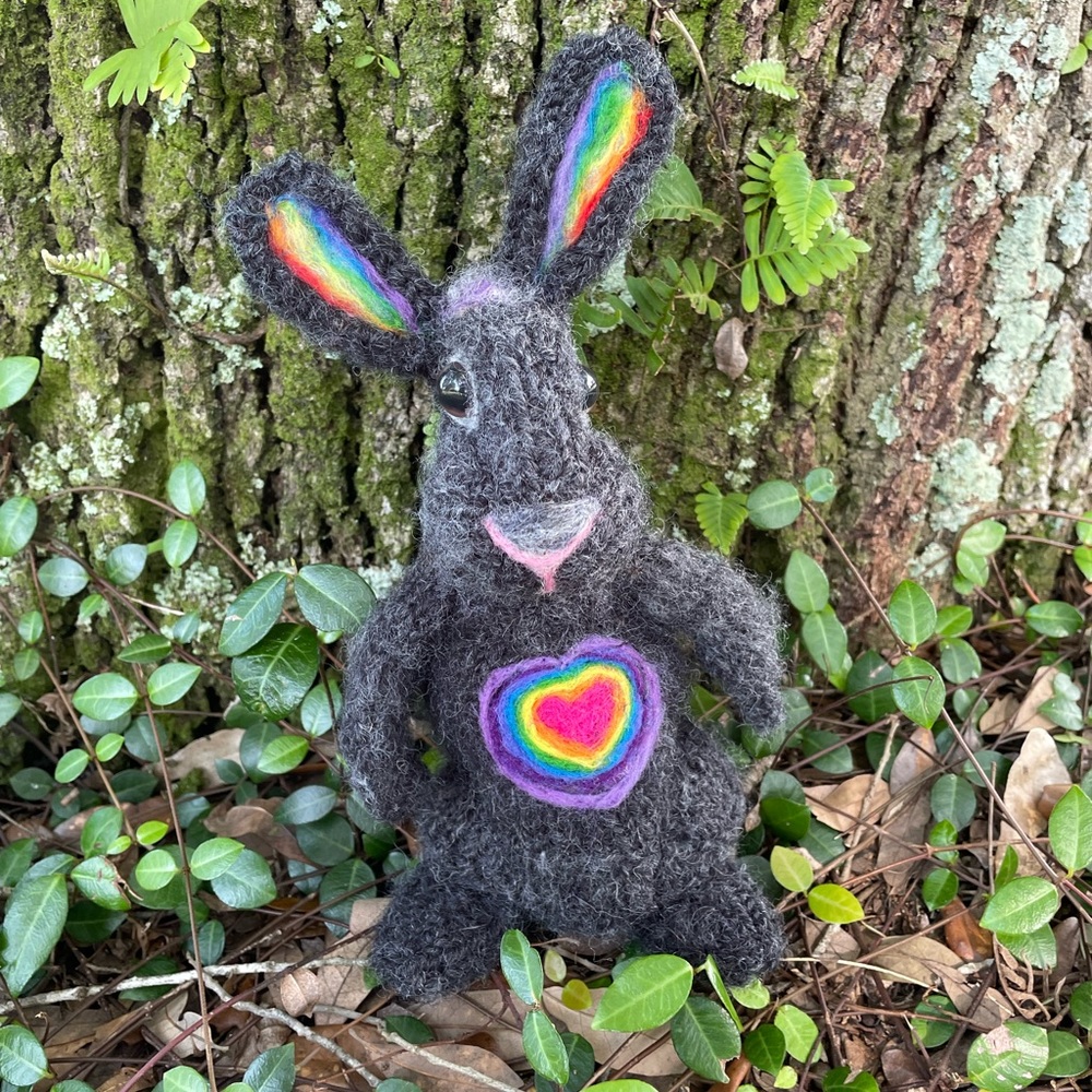 Hand crafted knit and needle felted rainbow pride love is love bunny artisan